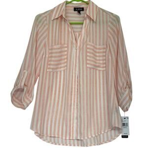A Byer White & Peach Stripe Blouse Size S NWT roll Tab Sleeve